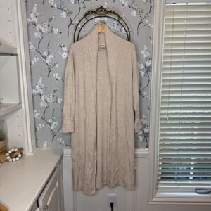 Open Edit Womens Longline Ribbed Cardigan Sweater Beige Oatmeal Shawl Collar L